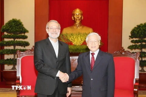 Tổng Bí thư Nguyễn Phú Trọng tiếp Chủ tịch Quốc hội Iran Ali Ardeshir Larijani thăm chính thức Việt Nam. (Ảnh: Trí Dũng/TTXVN)