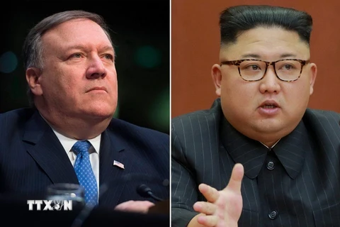 Ông Mike Pompeo (trái) bí mật thăm Triều Tiên, gặp nhà lãnh đạo Kim Jong-un. (Nguồn: KCNA/Reuters/TTXVN)