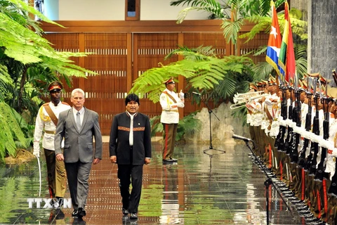 Chủ tịch Cuba Miguel Díaz-Canel và Tổng thống Bolivia Evo Morales duyệt đội danh dự trong lễ đón chính thức. (Ảnh: Vũ Hà/TTXVN)