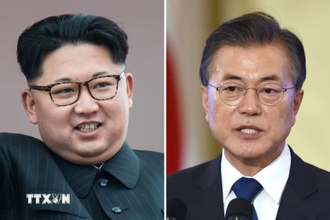 Nhà lãnh đạo Triều Tiên Kim Jong-un (trái) và Tổng thống Hàn Quốc Moon Jae-in. (Nguồn: AFP/TTXVN)