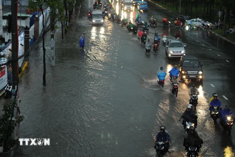 [Photo] Mưa lớn, người dân TP Hồ Chí Minh lại bì bõm trong nước