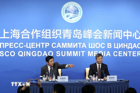 Họp báo ngày 8/6 trước thềm Hội nghị thượng đỉnh SCO lần thứ 18 tại thành phố Thanh Đảo, tỉnh Sơn Đông, miền Đông Trung Quốc. (Nguồn: THX/TTXVN)