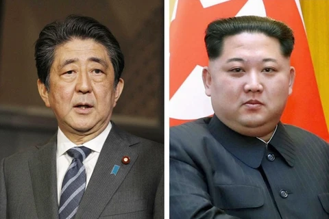 Thủ tướng Nhật Bản Shinzo Abe (trái) và nhà lãnh đạo Triều Tiên Kim Jong-un. (Nguồn: Kyodo)