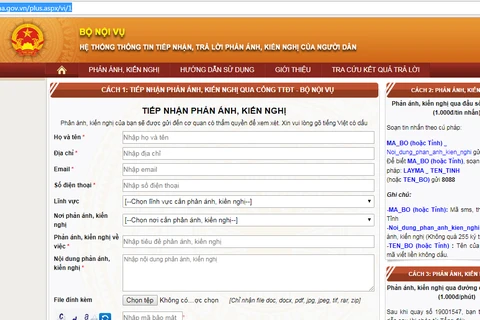 Hệ thống thông tin phản ánh kiến nghị trên Cổng Thông tin điện tử Bộ Nội vụ.
