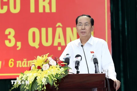 Chủ tịch nước Trần Đại Quang trong buổi tiếp xúc cử tri. (Ảnh: Nhan Sáng/TTXVN)