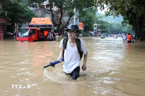 Nhiều tuyến đường đến điểm thi trường Trung học phổ thông Chuyên tỉnh Hà Giang bị ngập sâu trong nước khiến cho các thí sinh đi thi di chuyển rất khó khăn. (Ảnh: Minh Tâm/Vietnam+)