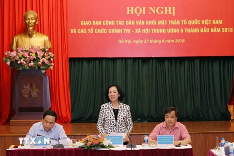 Bà Trương Thị Mai, Ủy viên Bộ Chính trị, Bí thư Trung ương Đảng, Trưởng Ban Dân vận Trung ương phát biểu, kết luận hội nghị. (Ảnh: Phương Hoa/TTXVN)