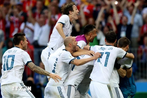 Niềm vui chiến thắng của các tuyển thủ Nga khi họ vượt qua đối thủ nặng ký Tây Ban Nha để vào tứ kết. (Nguồn: THX/TTXVN).