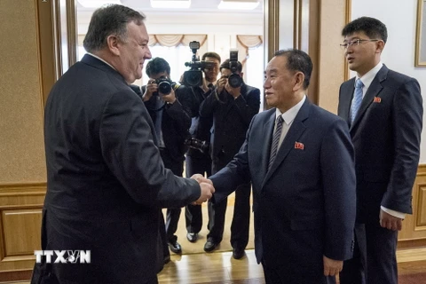 Ngoại trưởng Mỹ Mike Pompeo (trái) trong cuộc hội đàm với Phó Chủ tịch Đảng Lao động Triều Tiên Kim Yong-chol (phải) tại Bình Nhưỡng ngày 7/7. (Nguồn: AFP/TTXVN)