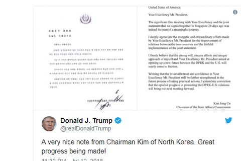 Tổng thống Mỹ Donald Trump tiết lộ bức thư của nhà lãnh đạo Triều Tiên Kim Jong-un. (Nguồn: Twitter)