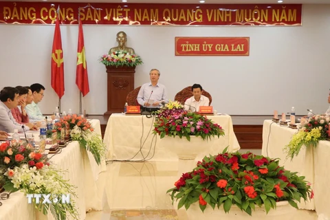Ông Trần Quốc Vượng, Ủy viên Bộ Chính trị, Thường trực Ban Bí thư phát biểu tại buổi làm việc. (Ảnh: Hoài Nam/TTXVN)