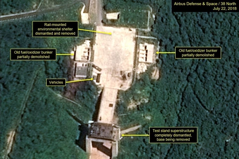 Hình ảnh do trang mạng 38 North ghi lại cho thấy hoạt động tháo dỡ các cơ sở của bãi thử hạt nhân Sohae ngày 22/7. (Nguồn: AFP/ TTXVN)