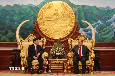 Tổng Bí thư, Chủ tịch nước Lào, Bounnhang Vorachith tiếp ông Nguyễn Hòa Bình. (Ảnh: Phạm Kiên/TTXVN)