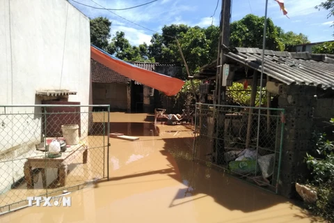 Nước lũ làm ngập đường đi vào nhà dân tại xã Cẩm Bình, huyện Cẩm Thủy. (Ảnh: Nguyễn Nam/TTXVN)