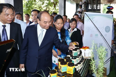 Thủ tướng Nguyễn Xuân Phúc và các đại biểu tham quan các gian hàng trưng bày sản phẩm tại triển lãm. (Ảnh: Thống Nhất/TTXVN)
