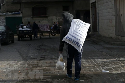Người dân Palestine chuyển lương thực cứu trợ bên ngoài trung tâm phân phối lương thực của Liên hợp quốc tại Gaza. (Nguồn: AFP/TTXVN)