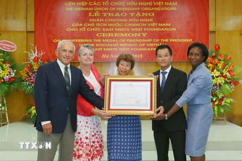 Ông Đôn Tuấn Phong, Phó Chủ tịch kiêm Tổng Thư ký phụ trách Liên hiệp các tổ chức hữu nghị Việt Nam trao Huân chương Hữu nghị của Chủ tịch nước cho đại diện tổ chức EMWF. (Ảnh: Doãn Tấn/TTXVN)