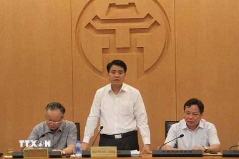 Chủ tịch Ủy ban Nhân dân thành phố Hà Nội Nguyễn Đức Chung phát biểu chỉ đạo hội nghị. (Ảnh: Đỗ Phương Anh/TTXVN)