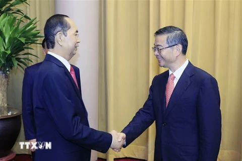 Chủ tịch nước Trần Đại Quang tiếp Chánh án Tòa án Nhân dân Tối cao Trung Quốc Chu Cường. (Ảnh: Nhan Sáng/TTXVN)