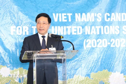 Phó Thủ tướng Chính phủ, Bộ trưởng Ngoại giao Phạm Bình Minh phát biểu tại buổi gặp gỡ, vận động. (Ảnh: Hoài Thanh/TTXVN)