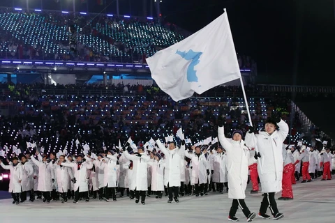 Đoàn vận động viên hai miền Triều Tiên cùng diễu hành chung dưới lá cờ mang hình một bán đảo Triều Tiên thống nhất tại lễ khai mạc Olympic PyeongChang 2018. (Nguồn: Yonhap/ TTXVN)