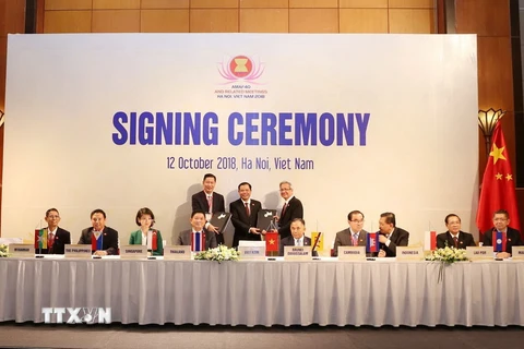 Lễ ký Bản ghi nhớ giữa Chính phủ các nước thành viên ASEAN và Chính phủ Trung Quốc về hợp tác nông nghiệp và thực phẩm. (Ảnh: Vũ Sinh/TTXVN)