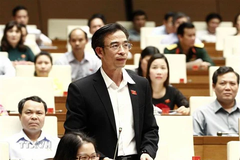 Đại biểu Quốc hội Thành phố Hà Nội Nguyễn Quang Tuấn chất vấn các thành viên Chính phủ. (Ảnh: Văn Điệp/TTXVN)