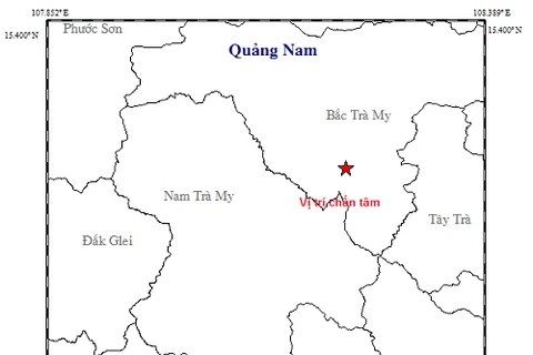 Bản đồ chấn tâm vụ động đất xảy ra tại huyện Bắc Trà My, tỉnh Quảng Nam ngày 4/11. (Nguồn: Viện VLĐC)