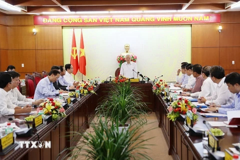 Tổng Bí thư, Chủ tịch nước Nguyễn Phú Trọng phát biểu tại buổi làm việc với Ban Thường vụ Tỉnh ủy Đắk Lắk. (Ảnh: Trí Dũng/TTXVN)