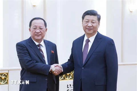 Chủ tịch Trung Quốc Tập Cận Bình (phải) và Ngoại trưởng Triều Tiên Ri Yong Ho (trái) trong cuộc gặp tại Bắc Kinh, Trung Quốc ngày 7/12. (Ảnh: THX/TTXVN)