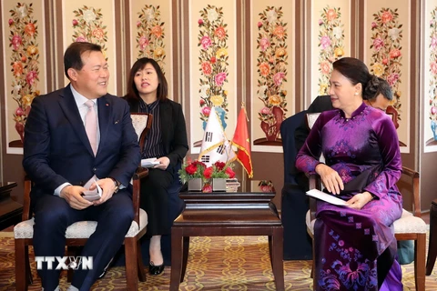 Chủ tịch Quốc hội Nguyễn Thị Kim Ngân tiếp đại diện lãnh đạo Tập đoàn Lotte. (Ảnh: Trọng Đức/TTXVN)