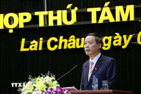 Chủ tịch Hội đồng nhân dân tỉnh Lai Châu Vũ Văn Hoàn phát biểu. (Ảnh: Quý Trung/TTXVN)