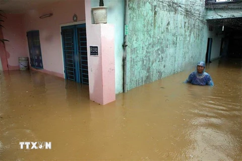 Một nhà dân ở phường Hòa Khánh Nam, quận Liên Chiểu ngập chìm trong nước. (Ảnh: Trần Lê Lâm/TTXVN)