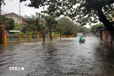 Các tuyến đường trong thành phố Hội An bị ngập sâu trong nước. (Ảnh: Trần Tĩnh/TTXVN)