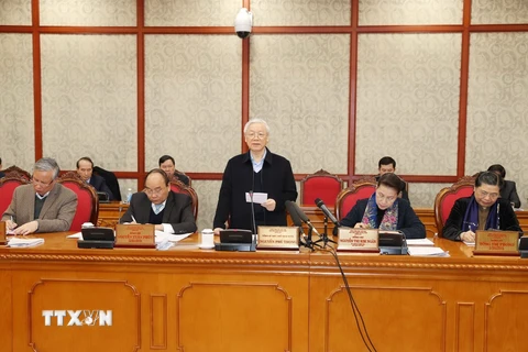Tổng Bí thư, Chủ tịch nước Nguyễn Phú Trọng phát biểu kết luận buổi làm việc. (Ảnh: Trí Dũng/TTXVN)