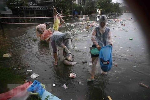 Người dân thu gom rác thải tại bờ hồ Hàm Nghi (Đà Nẵng). (Ảnh: Trần Lê Lâm/TTXVN)