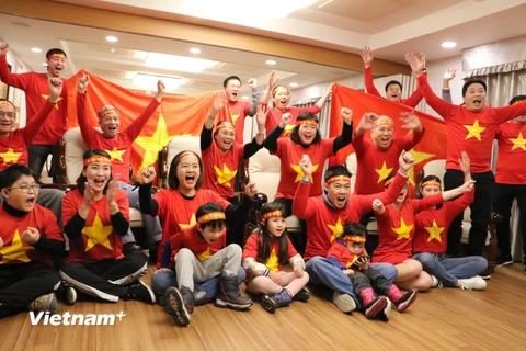 Niềm vui của người hâm mộ đội tuyển Việt Nam tại Hàn Quốc. (Ảnh: Mạnh Hùng/Vietnam+)