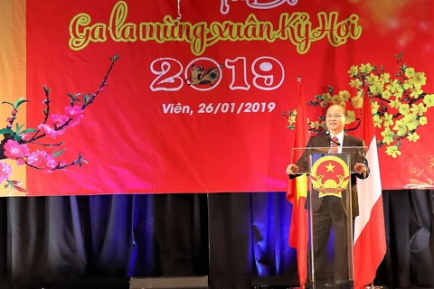 Đại sứ Lê Dũng phát biểu và chúc Tết bà con người Việt tại Áo. (Ảnh: Vandan Luong/Vietnam+)