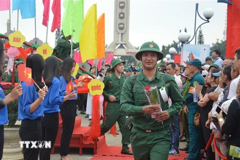 Thanh niên quận Hải Châu, thành phố Đà Nẵng hăng hái lên đường nhập ngũ. (Ảnh: Đinh Văn Nhiều/TTXVN)