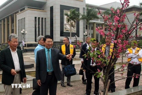 Các đại biểu thăm cây hoa Anh đào do Nhật Bản trao tặng được trồng tại thành phố Bắc Giang. (Ảnh: Đồng Thúy/TTXVN)
