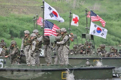 Lính thủy đánh bộ Mỹ và Hàn Quốc tham gia tập trận chung 'Giải pháp then chốt' tại Goyang, Hàn Quốc ngày 15/3/2017. (Nguồn: AFP/TTXVN)