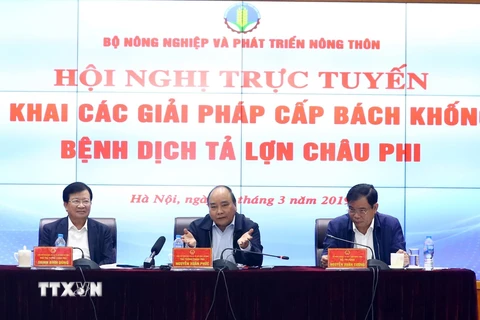 Thủ tướng Nguyễn Xuân Phúc chủ trì Hội nghị trực tuyến triển khai các giải pháp cấp bách khống chế bệnh dịch tả lợn châu Phi. (Ảnh: Thống Nhất/TTXVN)