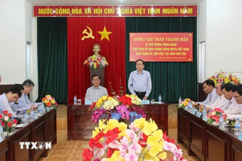 Ông Trần Thanh Mẫn phát biểu tại buổi làm việc với Ủy ban Mặt trận Tổ quốc Việt Nam tỉnh Phú Yên. (Ảnh: Thế Lập/TTXVN)