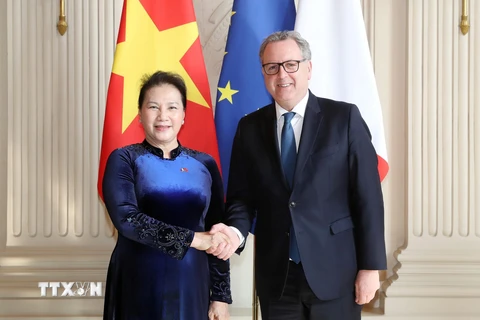 Chủ tịch Hạ viện Pháp Richard Ferrand đón Chủ tịch Quốc hội Nguyễn Thị Kim Ngân. (Ảnh: Trọng Đức/TTXVN)