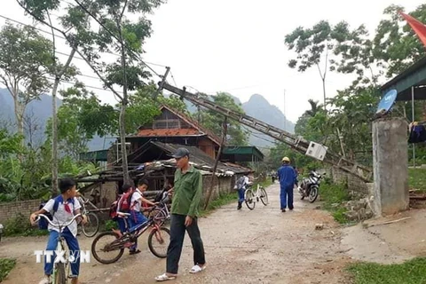 16 nhà dân tốc mái, 3 cột điện đổ sập trong trận lốc xoáy tại xã Châu Thuận, huyện Quỳ Châu, tỉnh Nghệ An. (Ảnh: TTXVN)