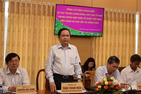 Bí thư Trung ương Đảng, Chủ tịch Ủy ban Trung ương Mặt trận Tổ quốc Việt Nam Trần Thanh Mẫn phát biểu tại buổi làm việc. (Ảnh: Chương Đài/TTXVN)