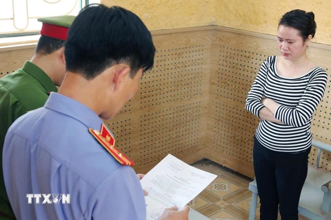 Cơ quan chức năng công bố các quyết định khởi tố vụ án, khởi tố vị can và lệnh tạm giam đối với Nguyễn Thị Tình về hành vi môi giới mại dâm. (Ảnh: Quang Văn/TTXVN)