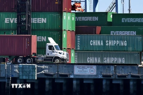 Các container hàng hóa từ Trung Quốc và các quốc gia khác chờ bốc dỡ tại cảng Los Angeles, California, Mỹ ngày 16/2/2019. (Ảnh: AFP/TTXVN)