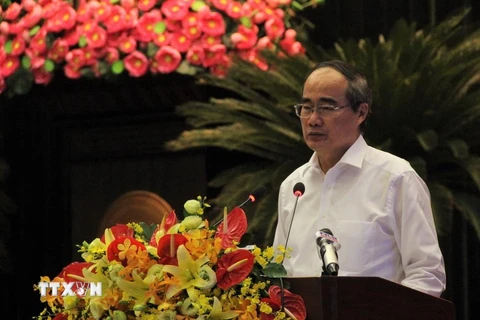 Ông Nguyễn Thiện Nhân, Ủy viên Bộ Chính trị, Bí thư Thành ủy Thành phố Hồ Chí Minh phát biểu tại hội nghị. (Ảnh: Xuân Dự/TTXVN)