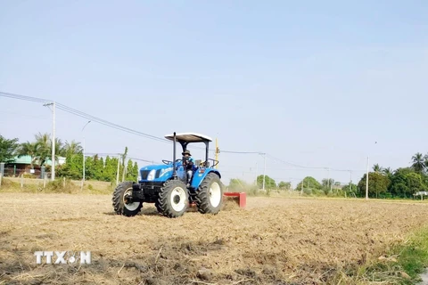 Thực hiện san phẳng mặt ruộng bằng thiết bị tia laser ở huyện Ninh Phước. (Ảnh: Công Thử/TTXVN)